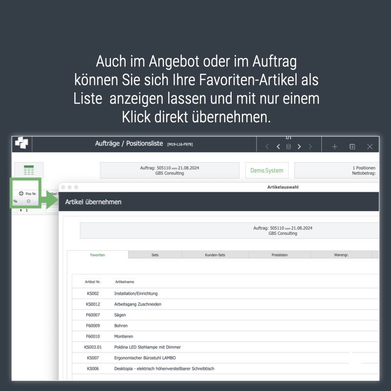 Artikel aus Favoriten Liste ind Angebot übernehmen