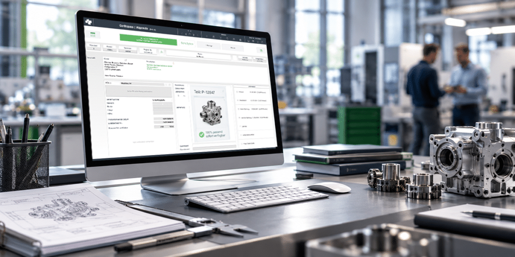 ERP-Arbeitsplatz im Maschinenbau mit advanter-Software, technischen Zeichnungen und Maschinenbauteilen